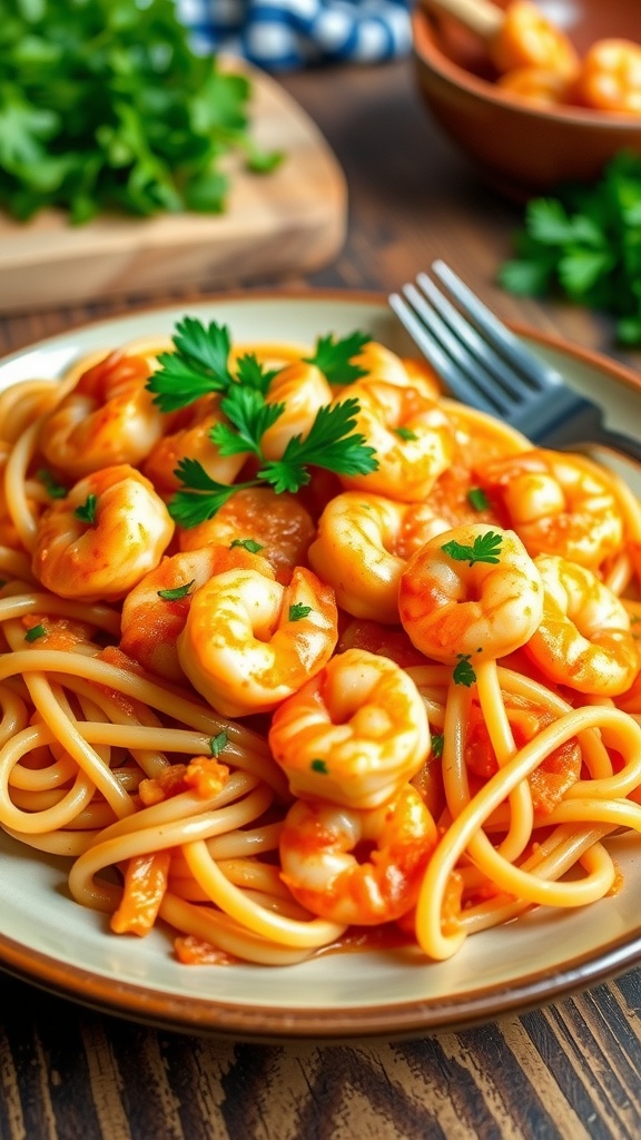 A plate of spicy Cajun shrimp pasta with shrimp and fettuccine in creamy sauce, garnished with parsley.